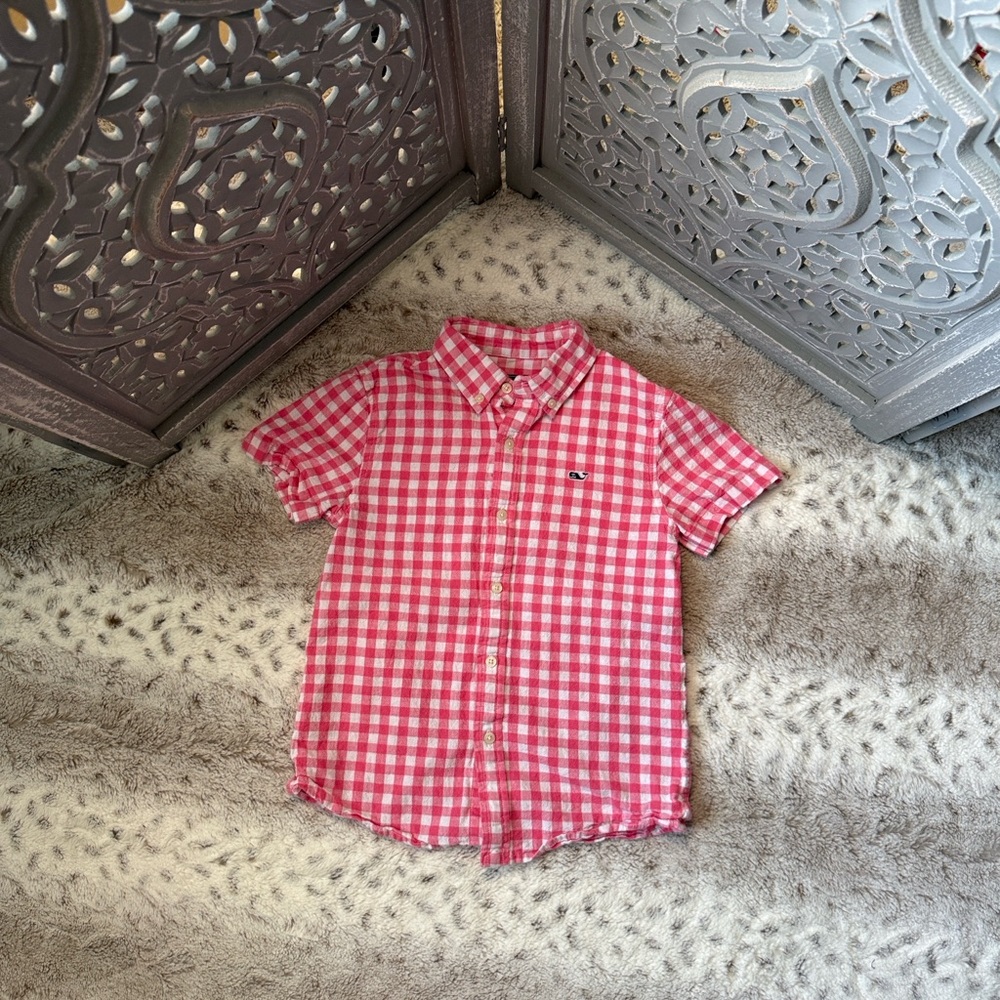 Vineyard Vines pink white checkered whale shirt boys size 7 gingham preppy linen